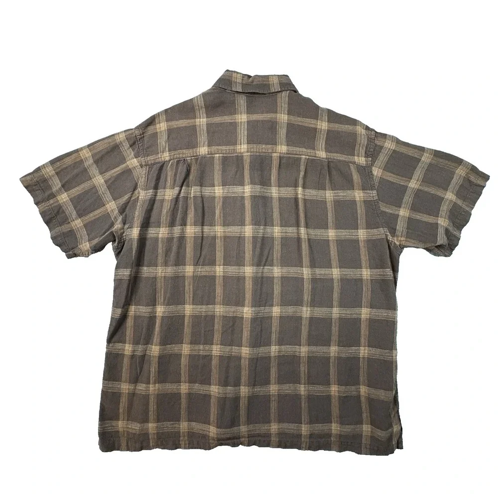 Van Heusen Men's XL Brown Plaid Linen Rayon SS Button Up Shirt SEE DESCRIPTION